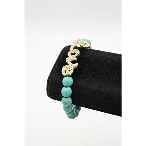 Stretchy Bracelet Faux Turquoise Beaded Rhinestone LOVE Cursive Valentine BinO - Picture 2 of 11
